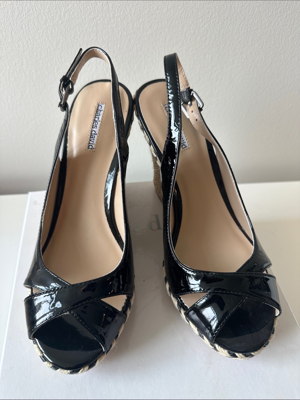 Charles David Black Patent Slingback Wedges with Espadrille Trim
